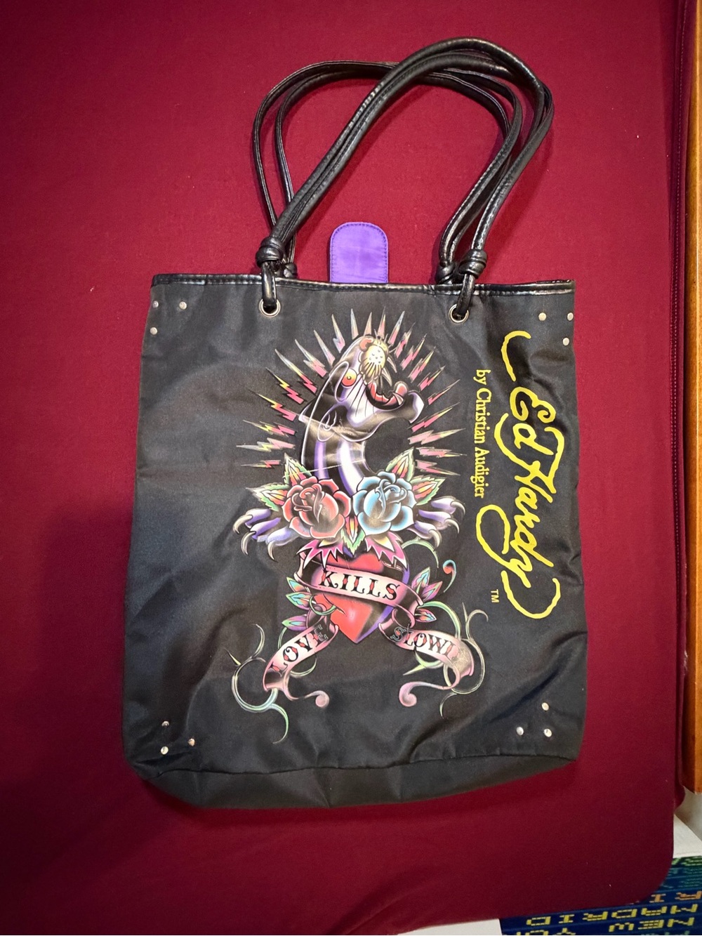 Christian Audigier Ed Hardy Black Tote with Multicolor Tattoo Graphic
